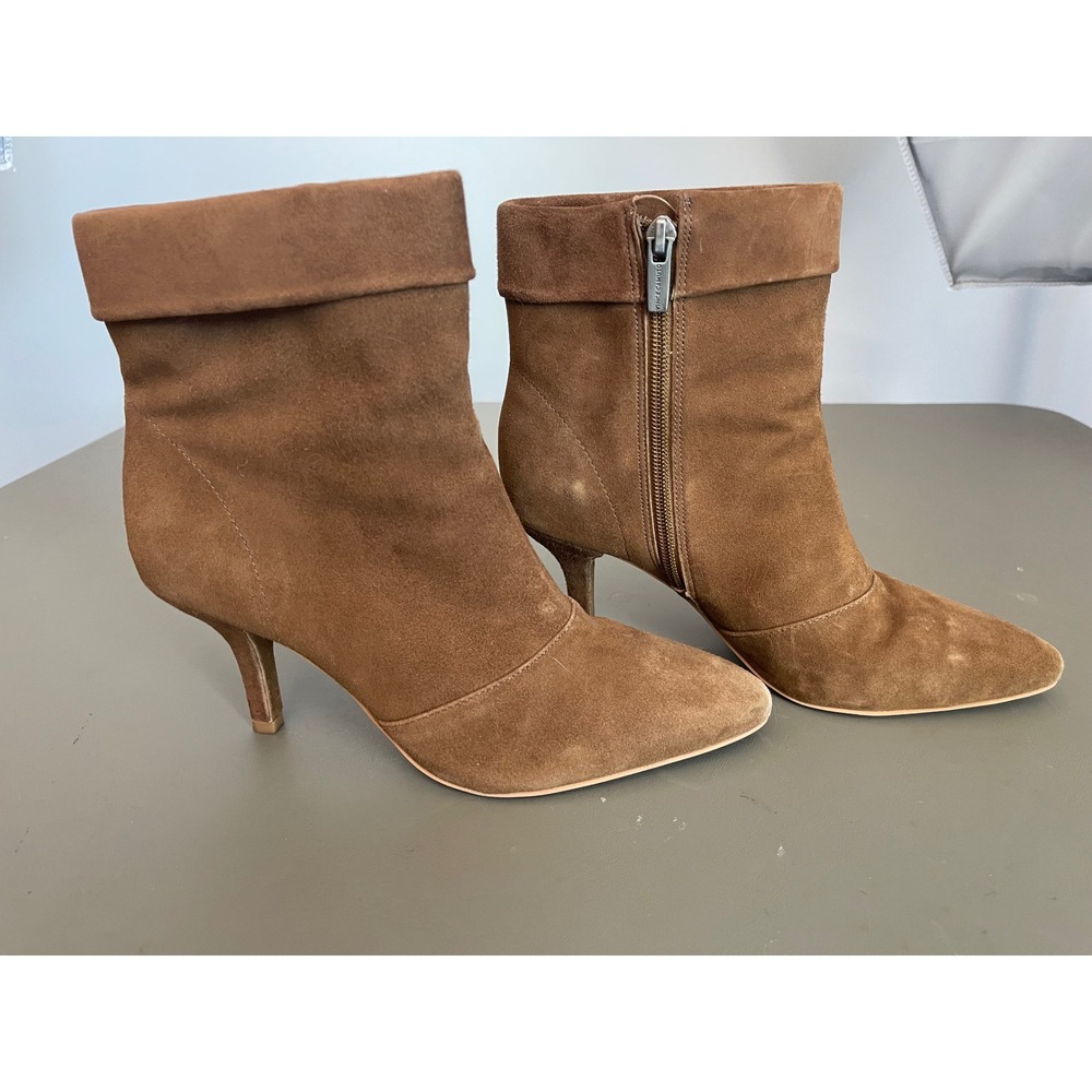 Vince Camuto Brown Suede Pointed Toe Kitten Heel Ankle Booties Fold Over Cuff